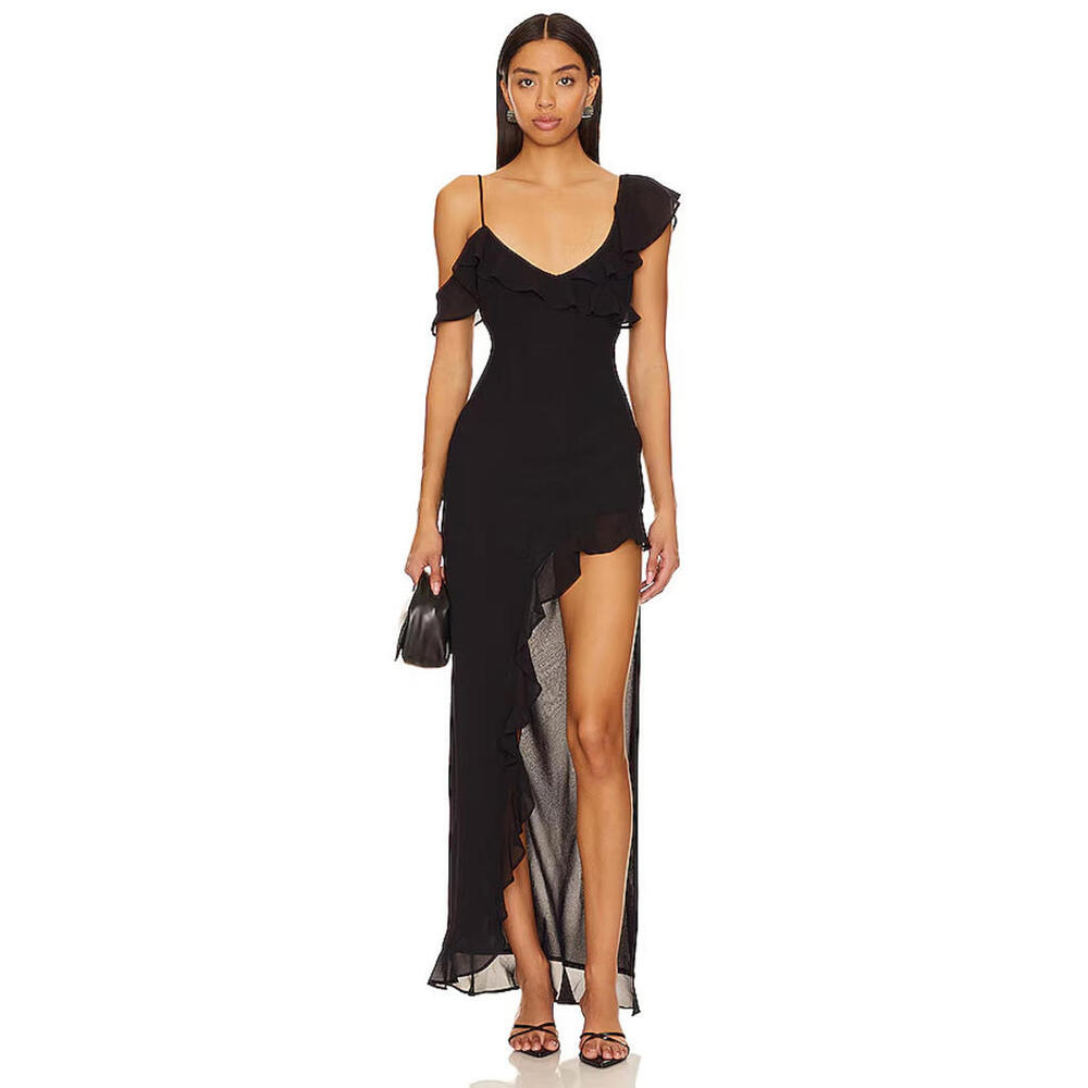REVOLVE 🖤Asymmetrical Black Ruffle Maxi Dress XS